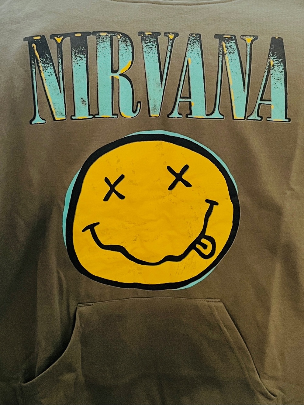 NIRVANA Olive Hoodie with Yellow Smiley and Teal Accents